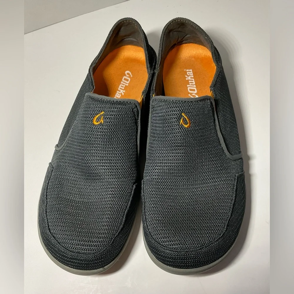OluKai Men’s Gray Mesh Slip-On Loafers with Orange Insole